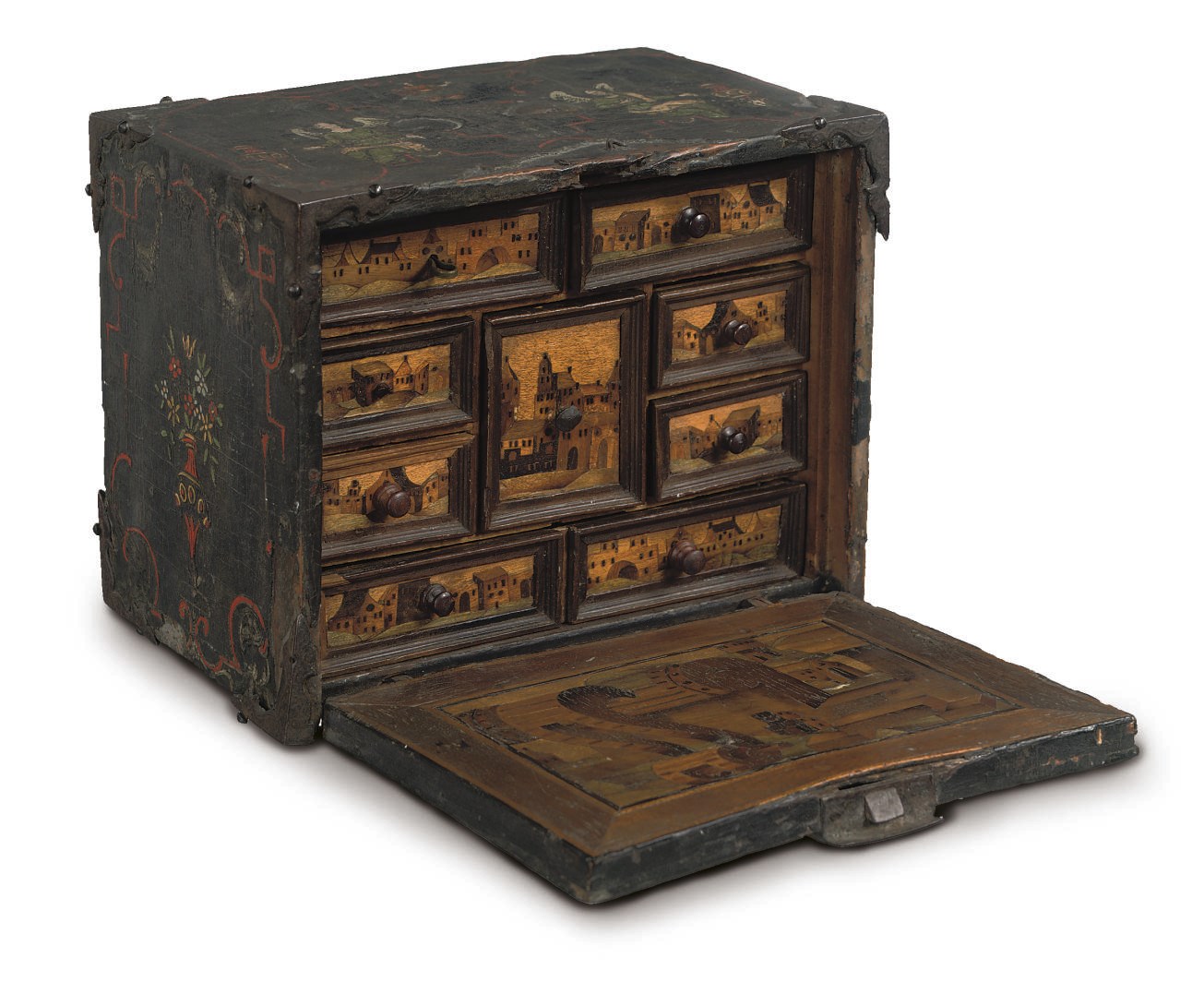A SOUTH GERMAN POLYCHROME DECORATED, FRUITWOOD AND STAINED WOOD MARQUETRY TABLE CABINET