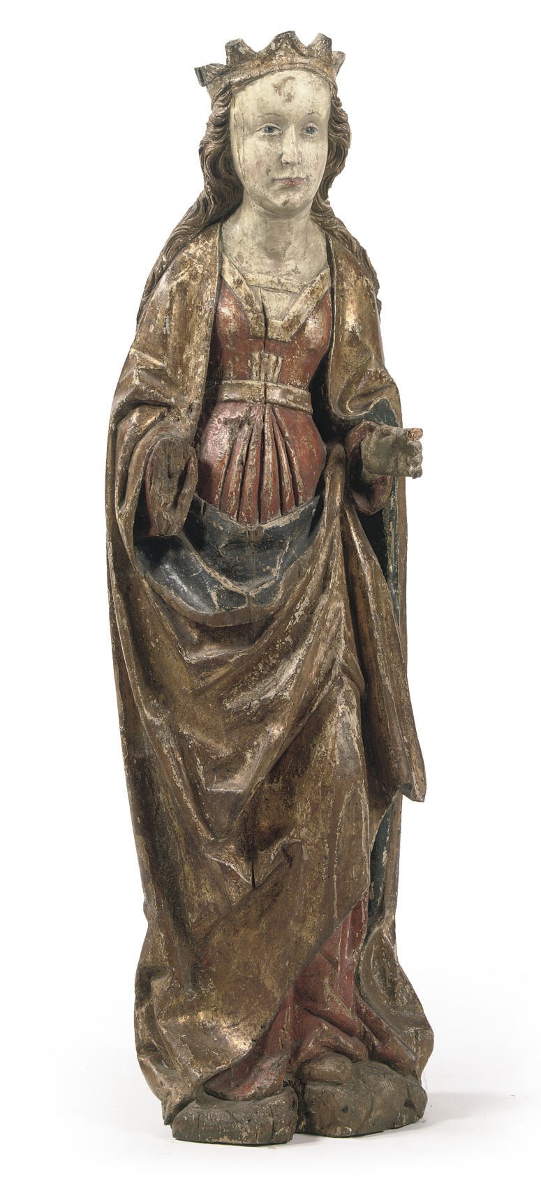 A PARCEL-GILT POLYCHROME CARVED WOOD FIGURE OF THE VIRGIN