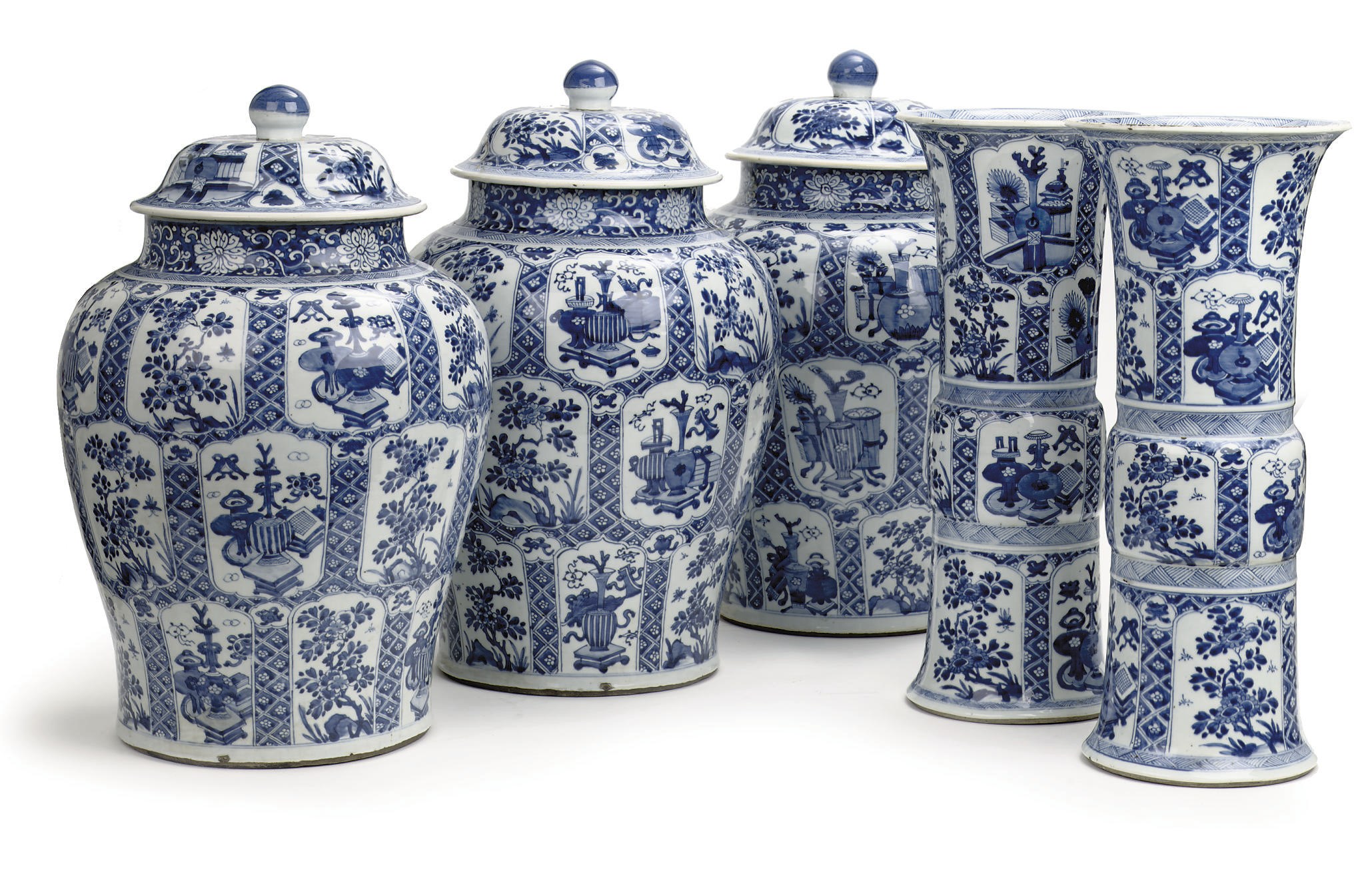 A massive Chinese blue and white five-piece garniture