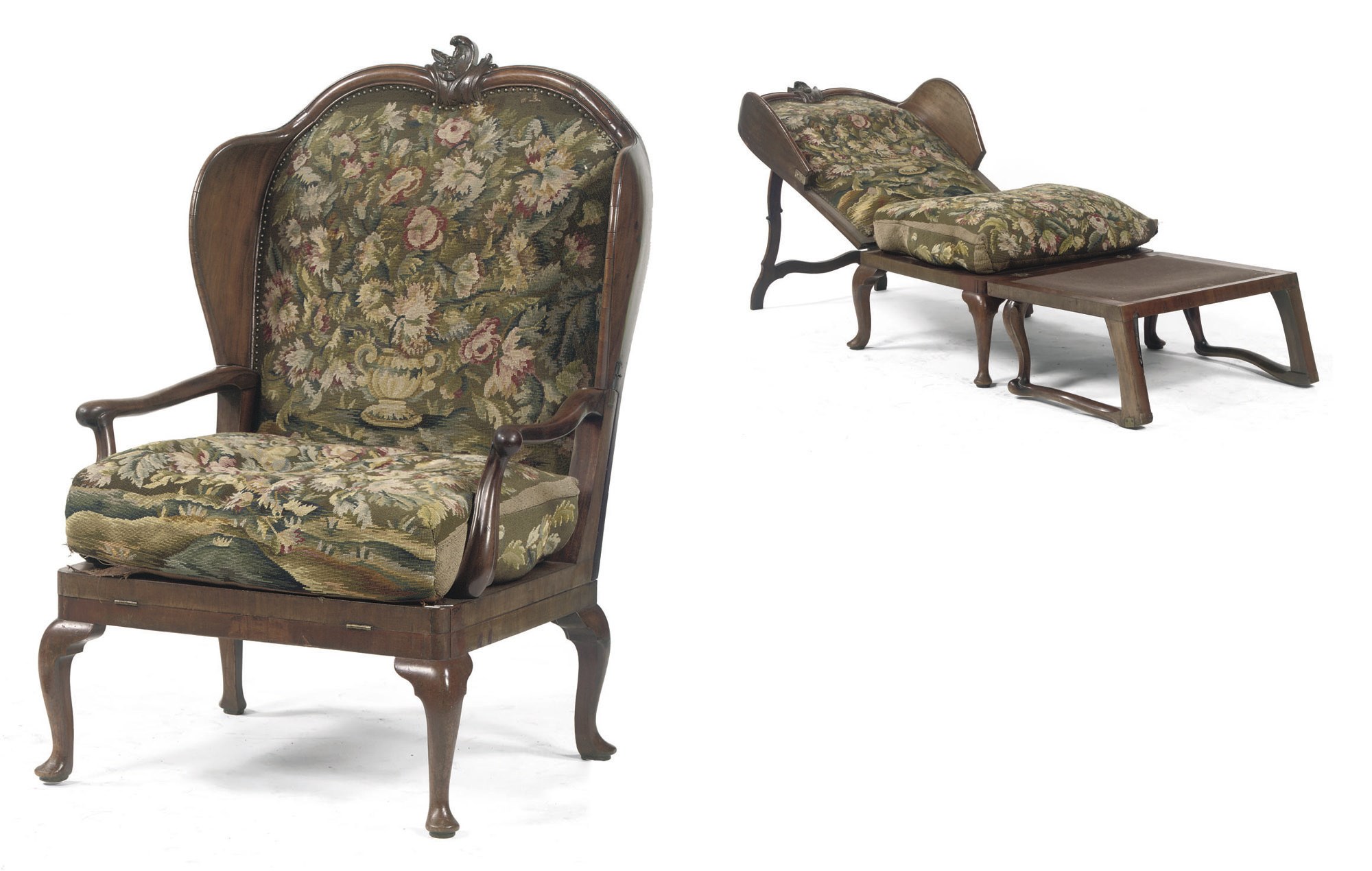 AN DUTCH MAHOGANY METAMORPHIC WING-BACKED OPEN ARMCHAIR