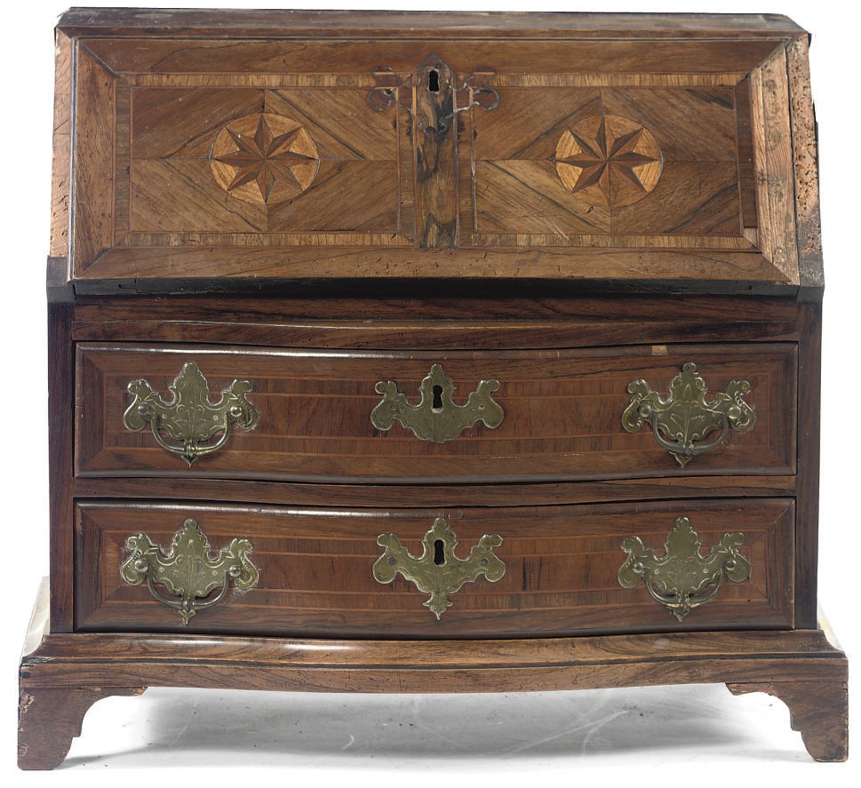 A DUTCH BRASS-MOUNTED ROSEWOOD AND FRUITWOOD MINIATURE BUREAU