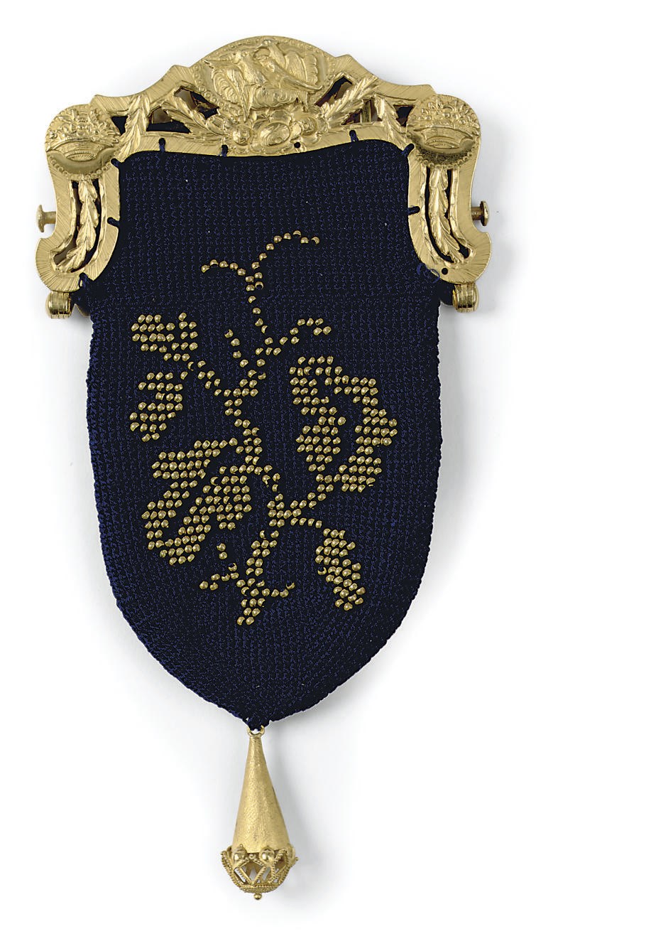 A Dutch gold purse mount with textile embroidered bag