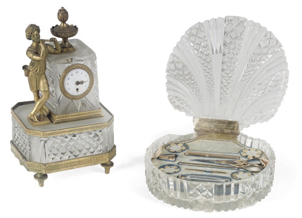 A TEN PIECE GOLD AND MOTHER-OF-PEARL SEWING NECESSAIRE IN AN ORMOLU MOUNTED SHELL-SHAPED CUT-GLASS CASE