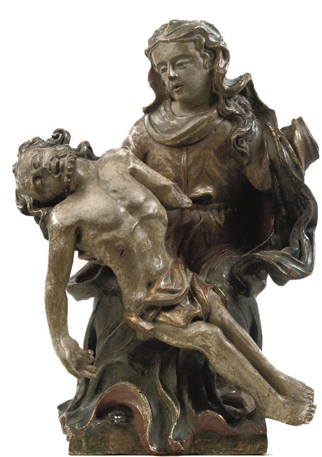 A POLYCHROME PARCEL-GILT CARVED LIMEWOOD GROUP OF THE PIETA