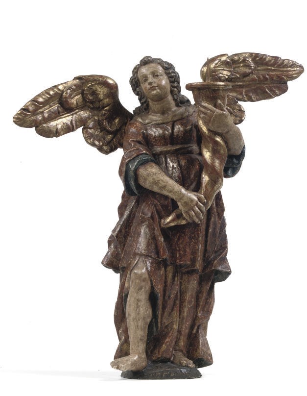A POLYCHROME AND PARCEL-GILT CARVED LIMEWOOD FIGURAL CANDLESTICK