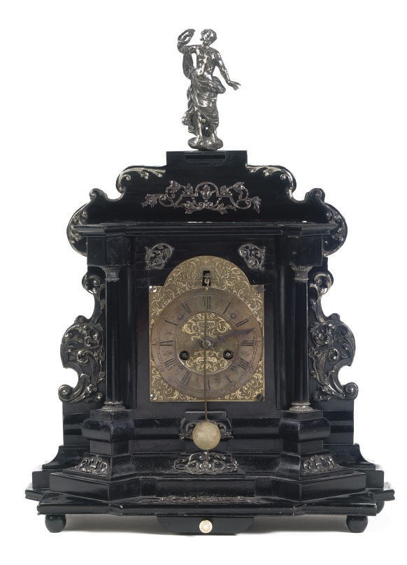 A SOUTH GERMAN SILVER-MOUNTED EBONY AND EBONIZED STRIKING TABLE CLOCK 'PRUNKUHR'