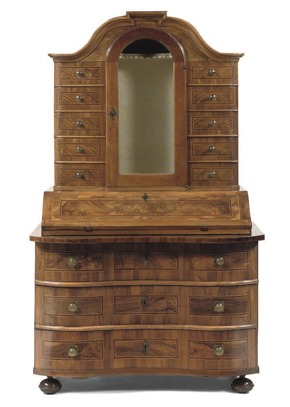 A SOUTH GERMAN WALNUT, FIGURED WALNUT AND FRUITWOOD MARQUETRY BUREAU CABINET
