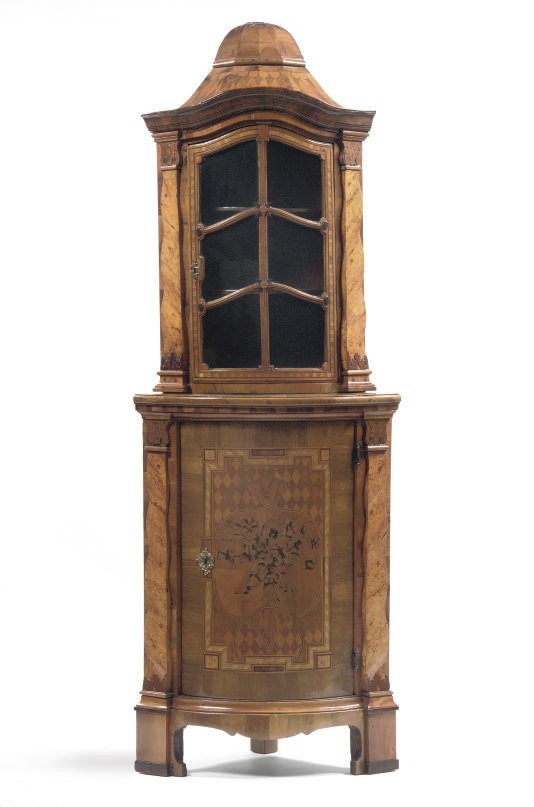 AN AUSTRIAN WALNUT, BURR-BIRCH, ASH AND FRUITWOOD MARQUETRY CORNER DISPLAY CABINET