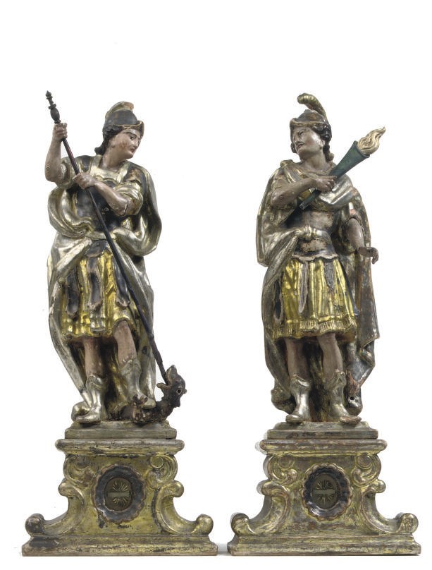 A PAIR OF POLYCHROME AND VARNISHED SILVERED CARVED WOOD RELIQUARY FIGURES OF SAINT GEORGE AND SAINT FLORIAN