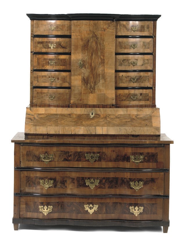 A SOUTH GERMAN WALNUT, FIGURED WALNUT AND EBONIZED BUREAU CABINET