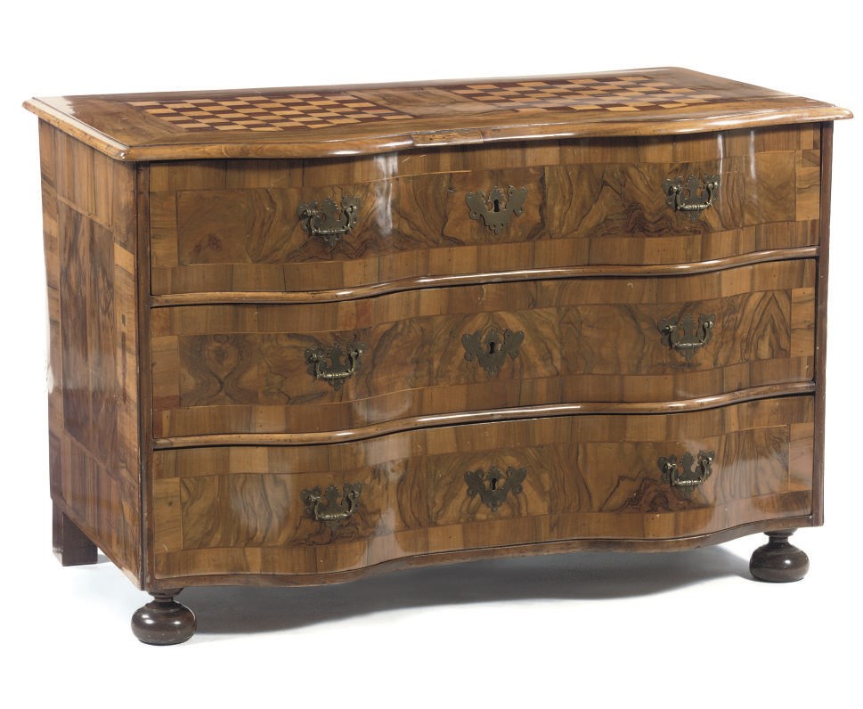 A GERMAN WALNUT, FIGURED WALNUT AND FRUITWOOD PARQUETRY COMMODE