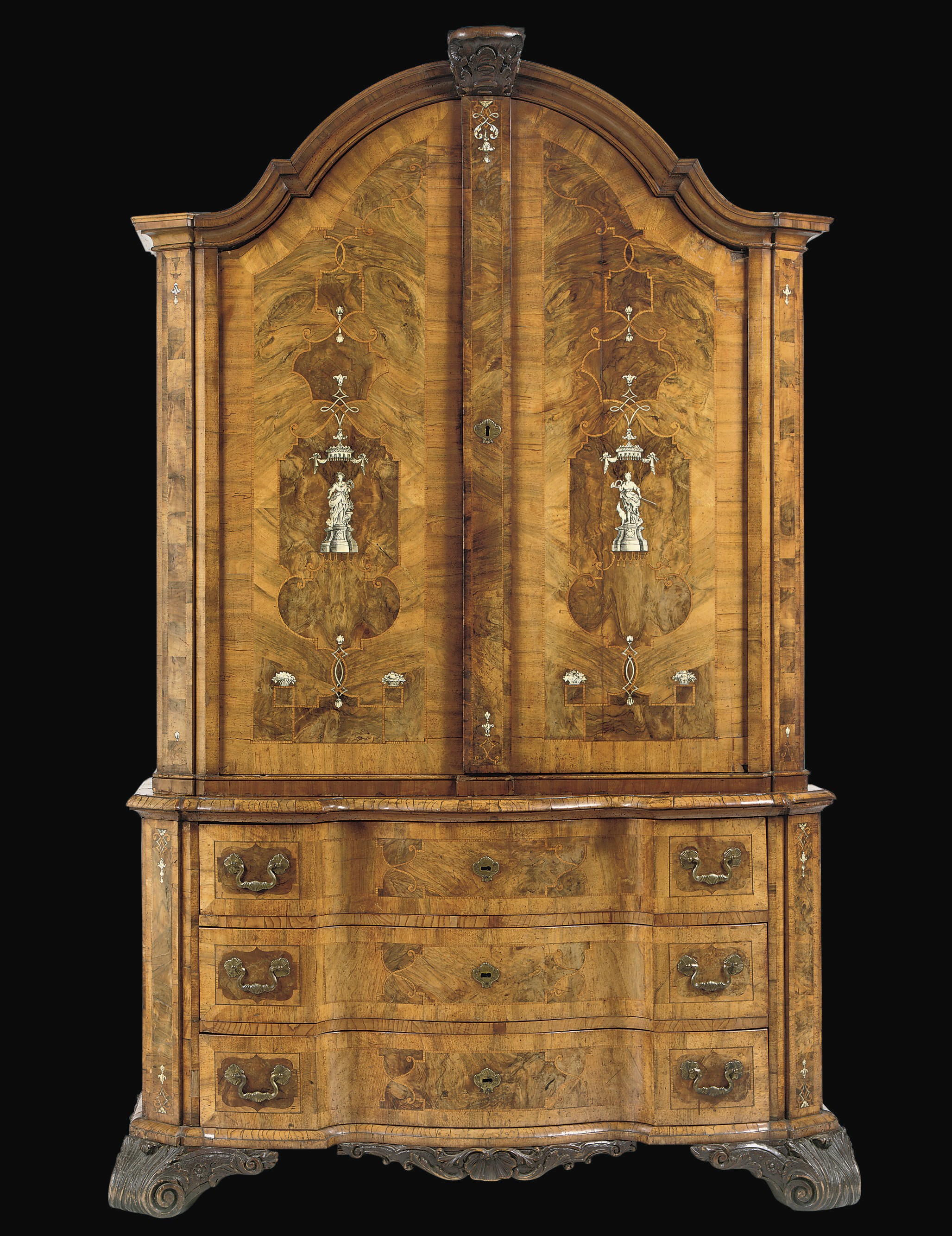A GERMAN WALNUT, FIGURED-WALNUT, ASH AND IVORY INLAID CABINET