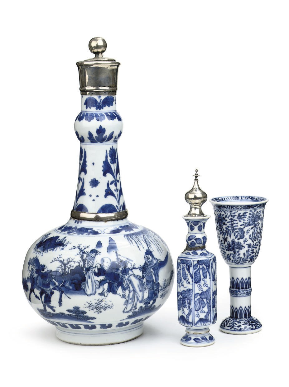A Transitional blue and white silver-mounted bottle vase, a blue and white stemcup and a silver-mounted jarlet