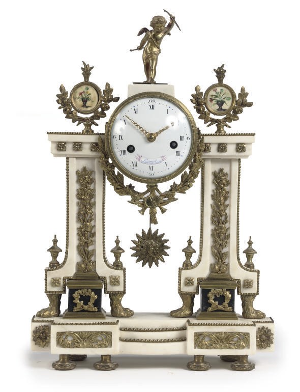 A FRENCH BRASS-MOUNTED WHITE AND BLACK MARBLE STRIKING PORTICO CLOCK