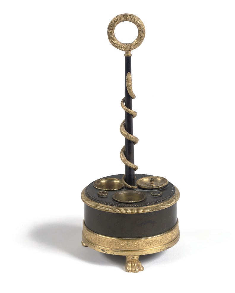 A RESTAURATION ORMOLU-MOUNTED AND PATINATED BRONZE INKSTAND