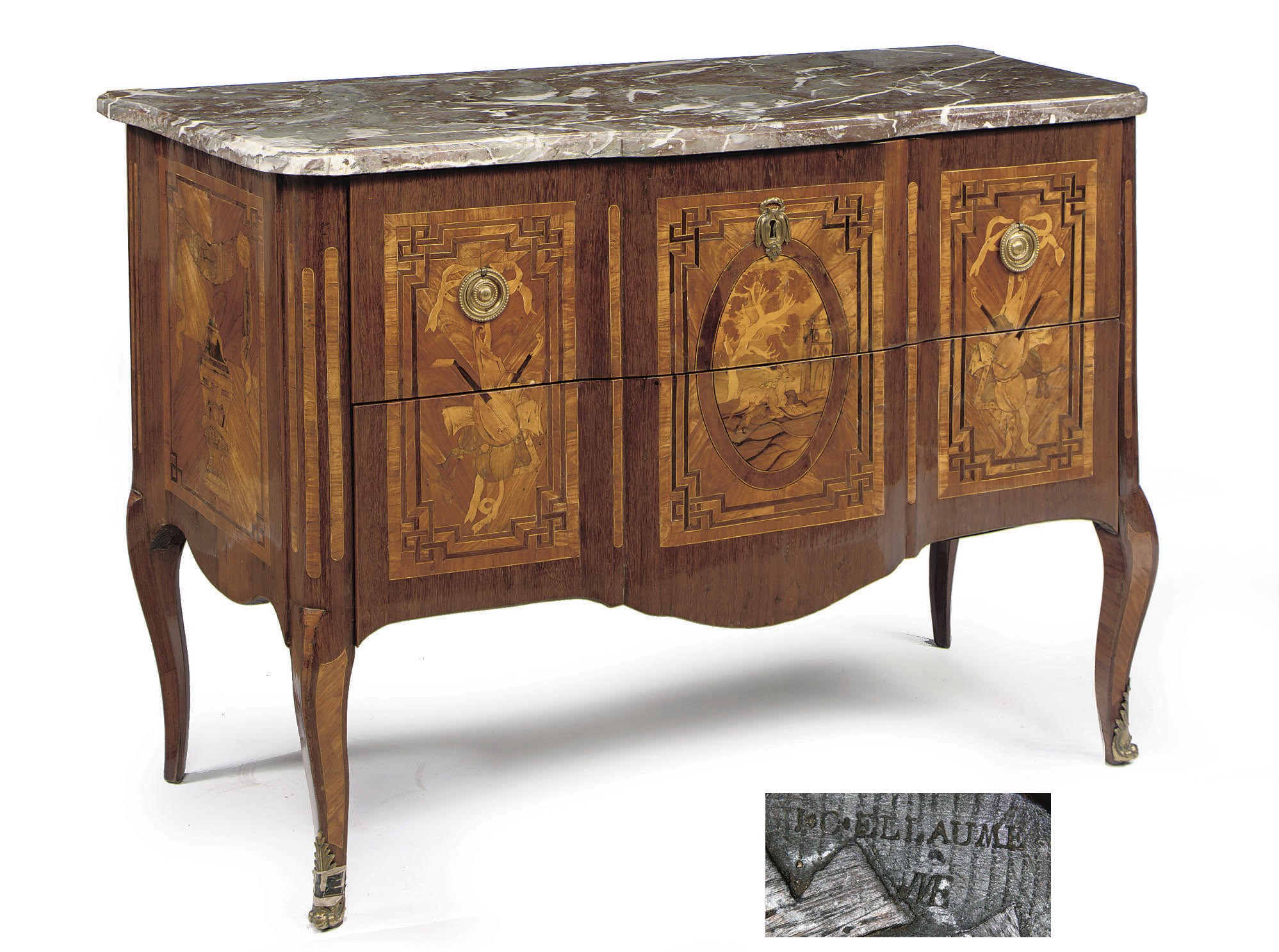 A LATE LOUIS XV AMARANTH, TULIPWOOD AND FRUITWOOD MARQUETRY COMMODE