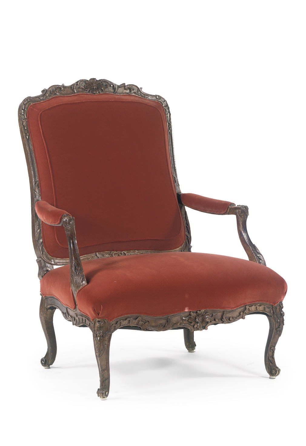 A LOUIS XV STAINED BEECHWOOD OPEN ARMCHAIR