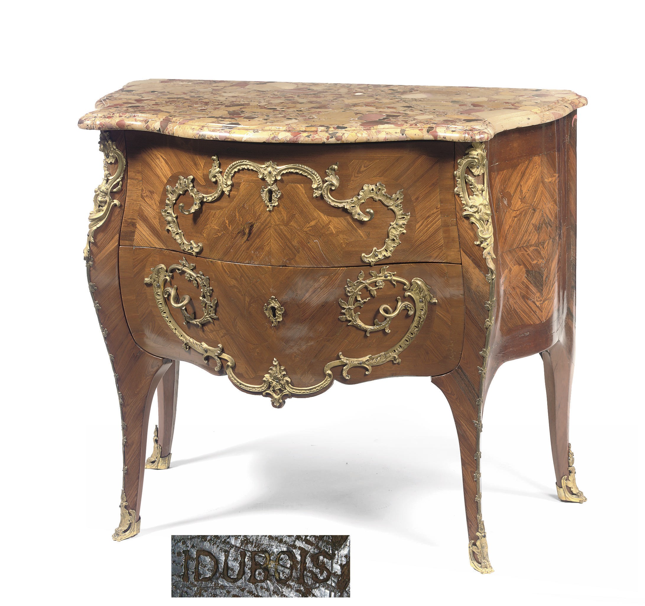 A LOUIS XV ORMOLU-MOUNTED, KINGWOOD, ROSEWOOD AND MAHOGANY MARQUETRY COMMODE