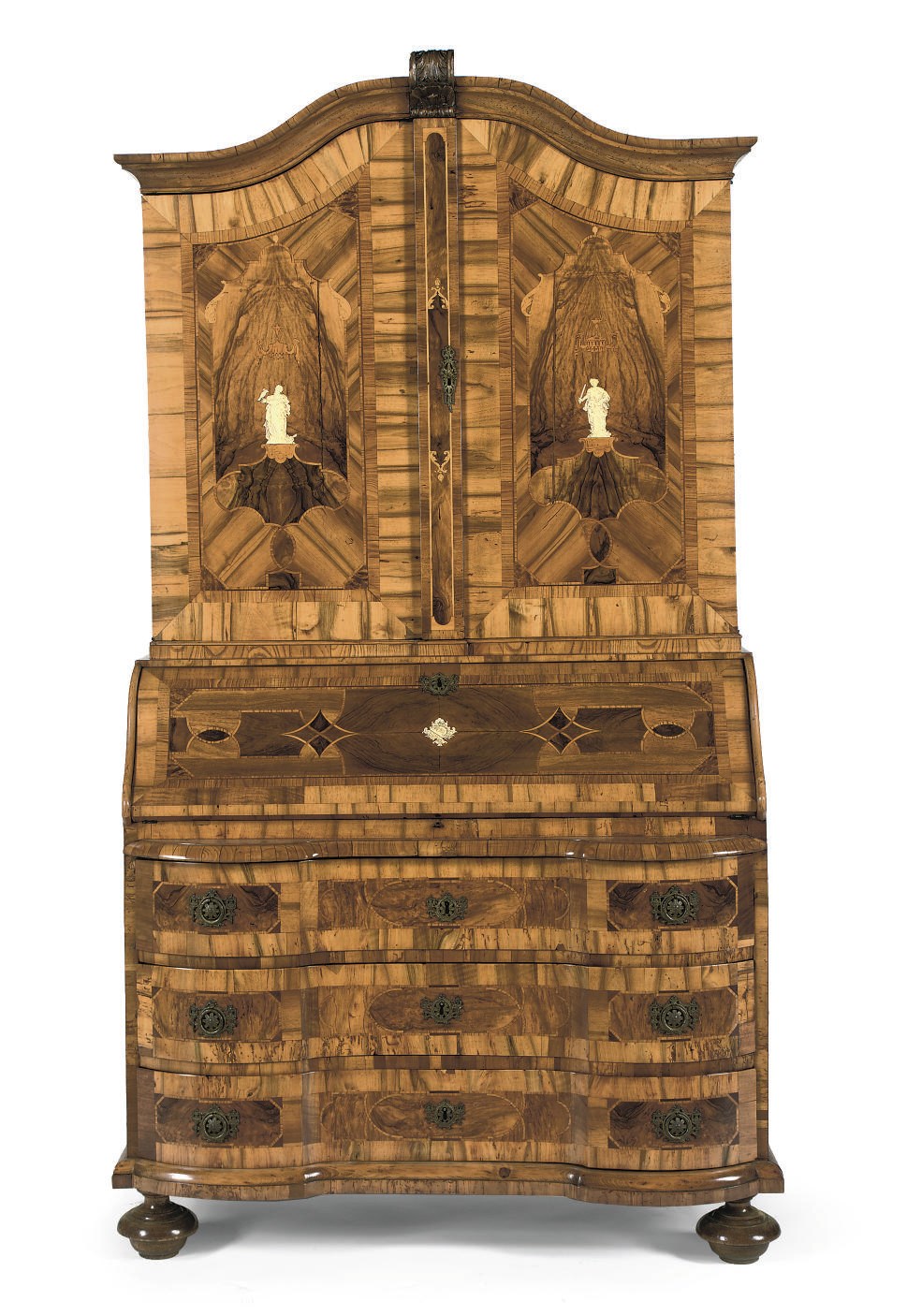 A GERMAN ASH, WALNUT, FIGURED WALNUT, FRUITWOOD AND IVORY MARQUETRY BUREAU CABINET