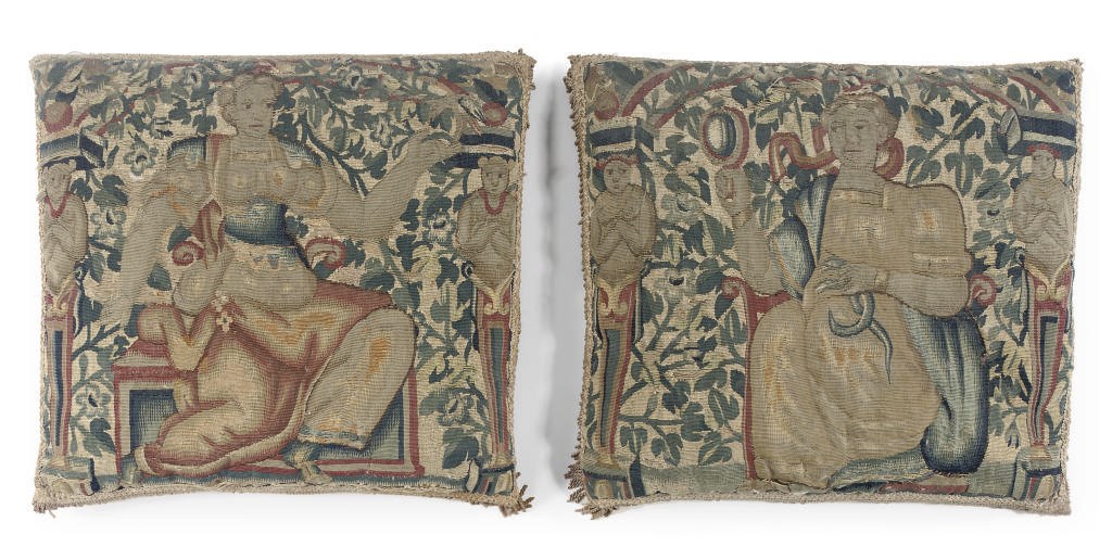 TWO FLEMISH ALLEGORICAL TAPESTRY CUSHIONS
