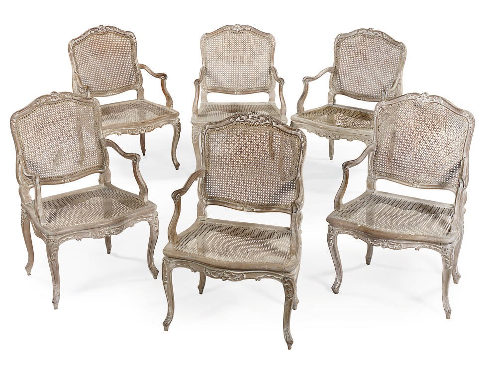 A SET OF SIX LOUIS XV LIME WASHED BEECHWOOD FAUTEUILS