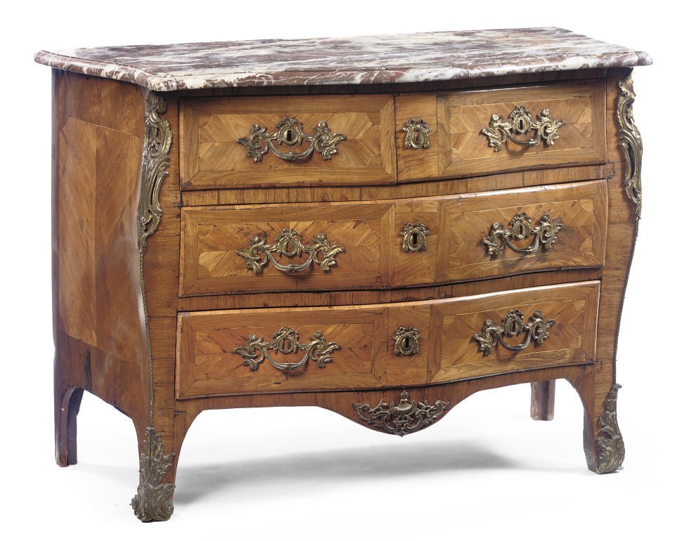 A LATE LOUIS XV ORMOLU-MOUNTED TULIPWOOD AND KINGWOOD COMMODE