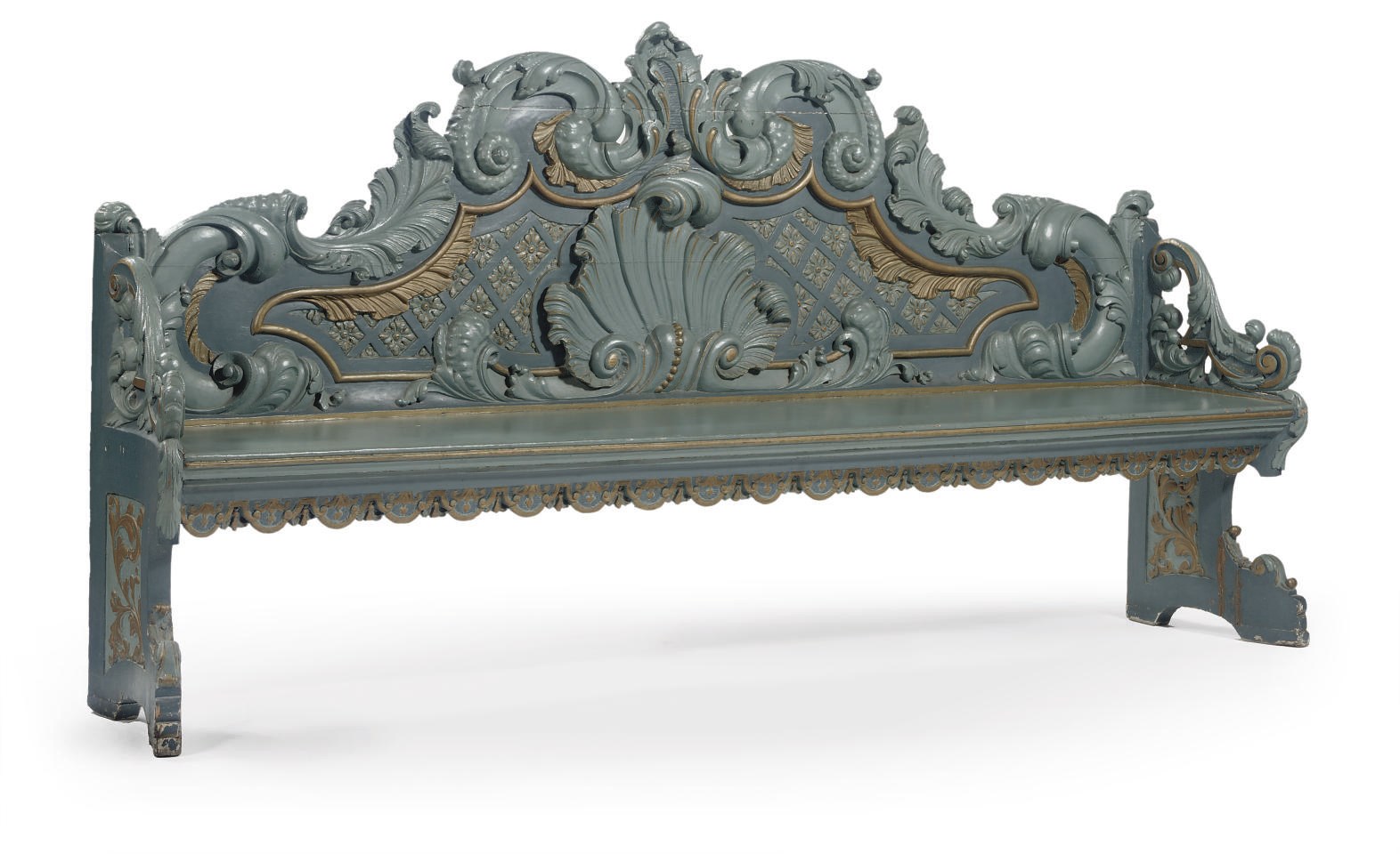 A DUTCH PARCEL-GILT AND BLUE PAINTED HALL BENCH