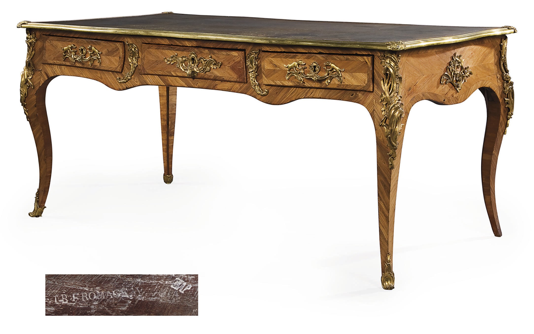 A LOUIS XV ORMOLU-MOUNTED TULIPWOOD AND ROSEWOOD BUREAU PLAT