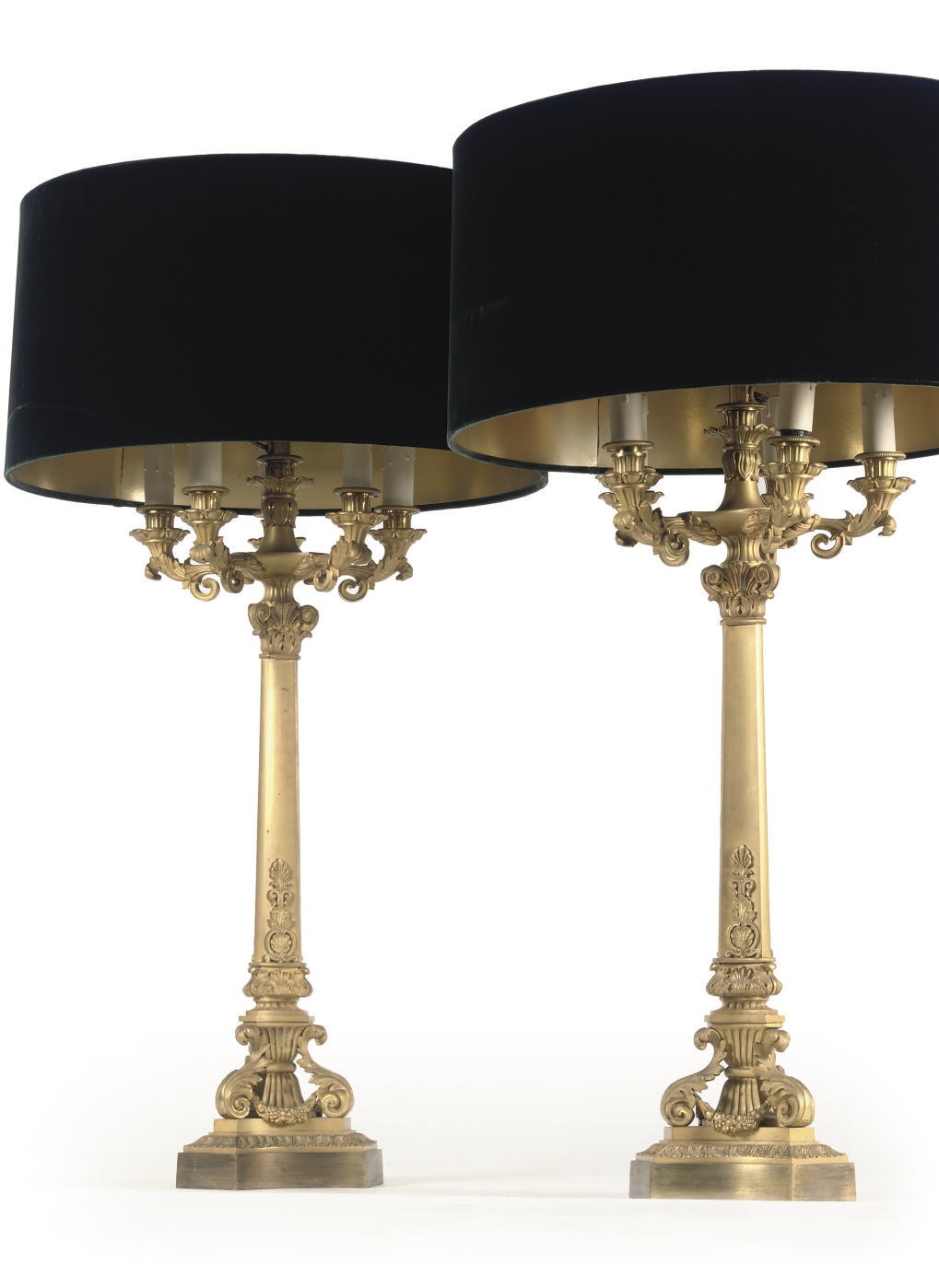 A PAIR OF RESTAURATION ORMOLU SIX-LIGHT CANDELABRA