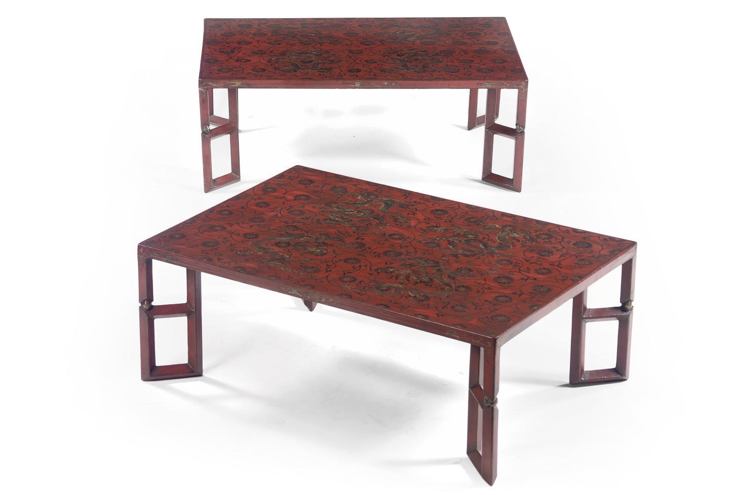 A pair of Chinese red lacquer side tables