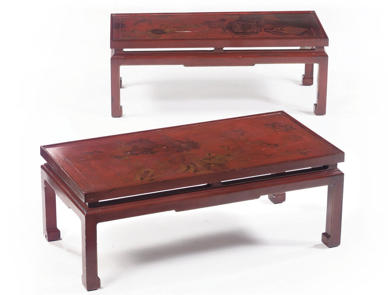A pair of Chinese red lacquer side tables