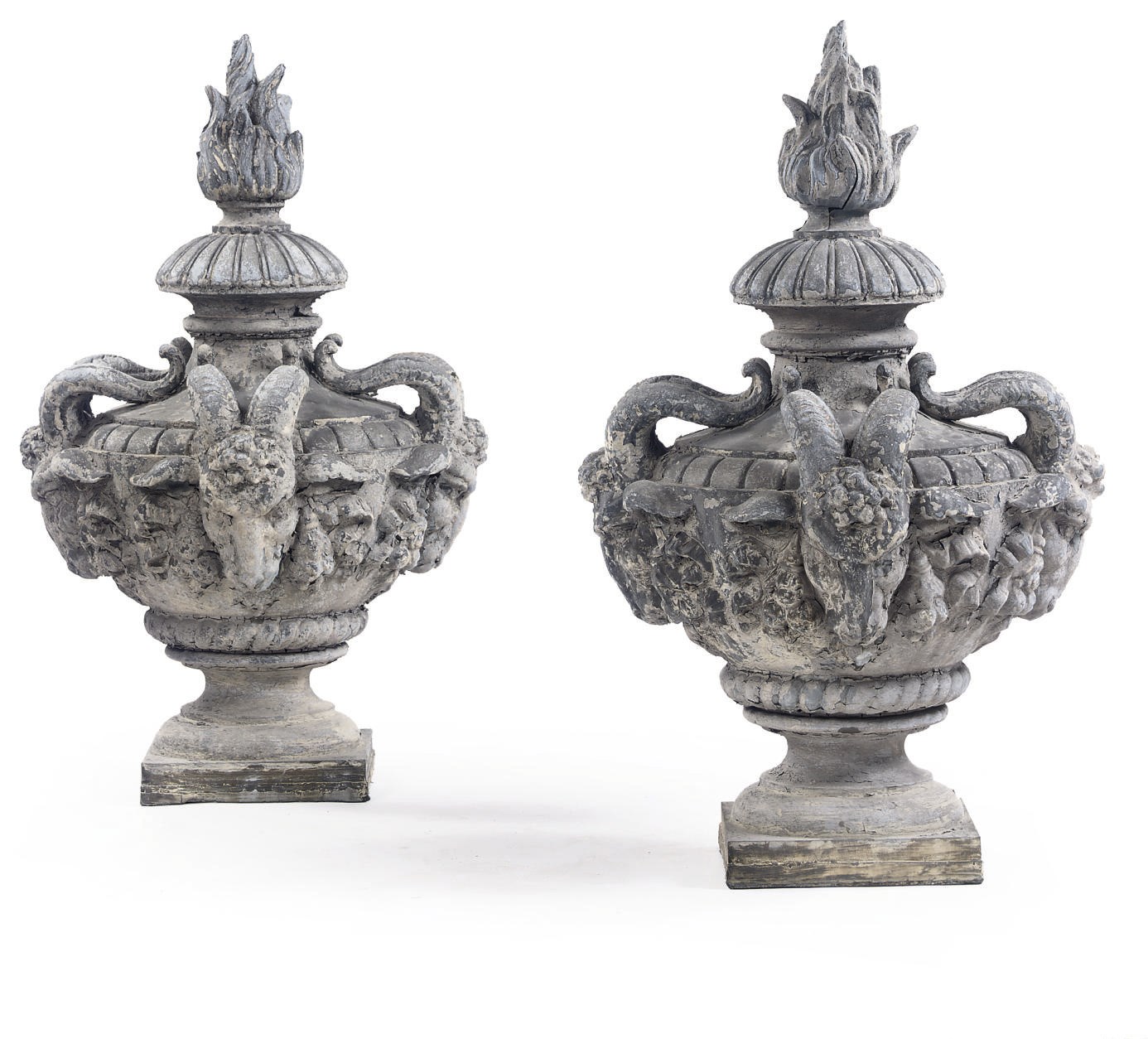 A PAIR OF FRENCH GREY-PAINTED ZINC VASES
