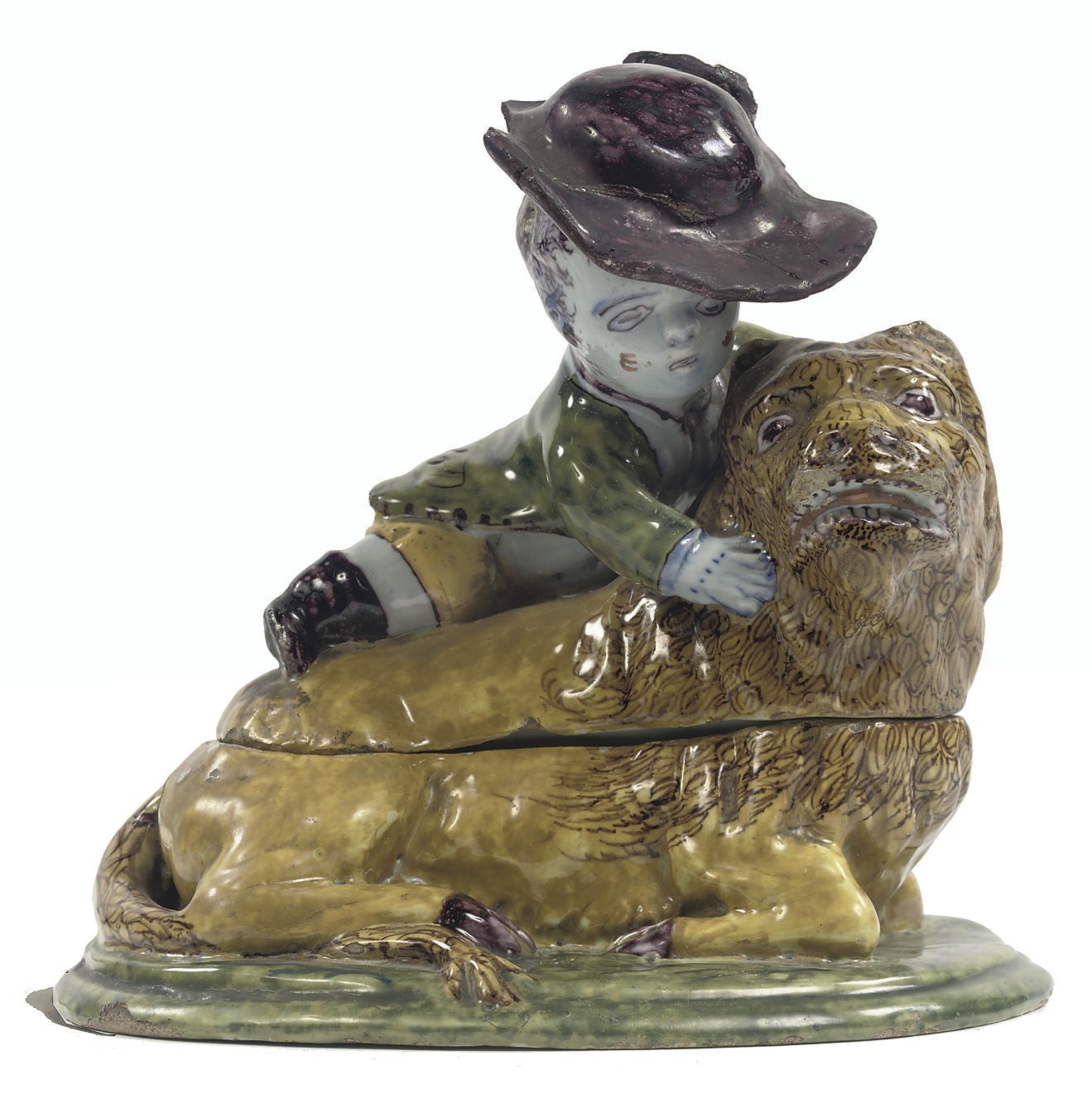 A Dutch Delft polychrome figural tureen and cover