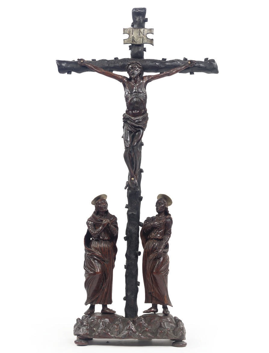 A CARVED PALMWOOD GROUP OF THE CRUCIFIXION