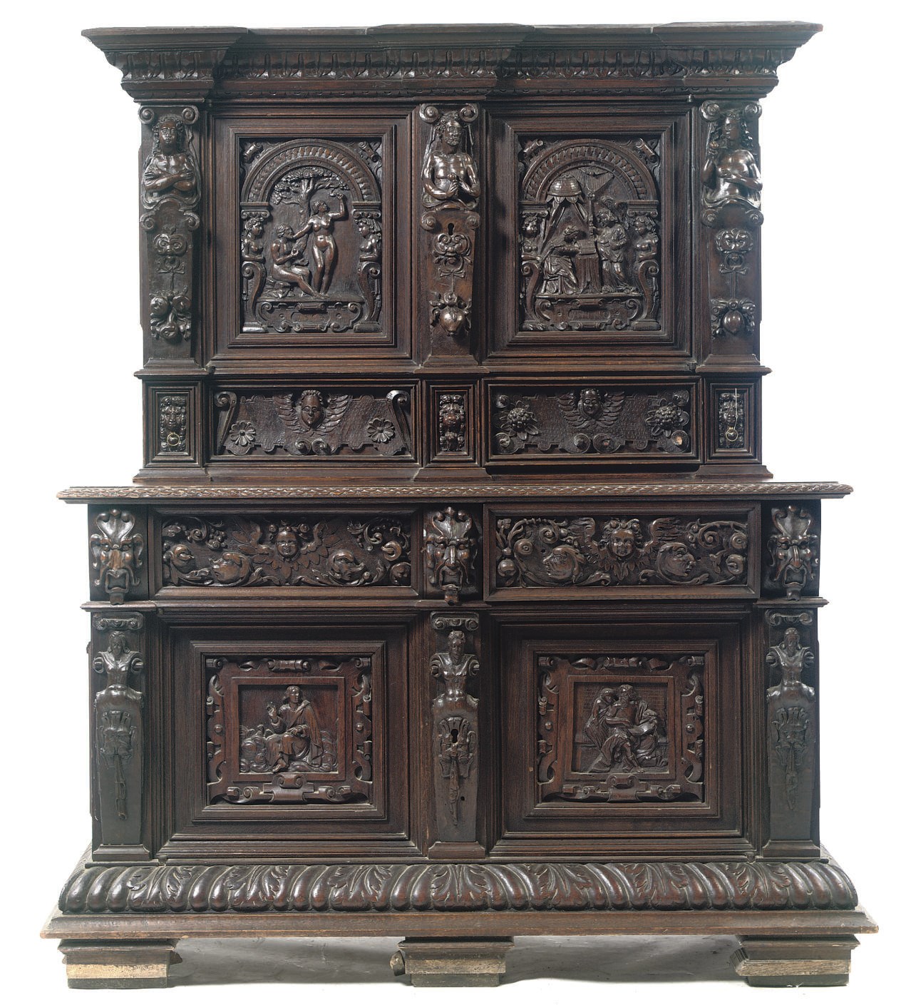 A GERMAN STAINED CARVED OAK CABINET