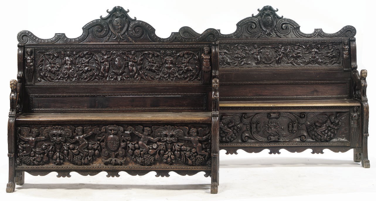 A NEAR PAIR OF ITALIAN STAINED WALNUT CASSAPANCHE