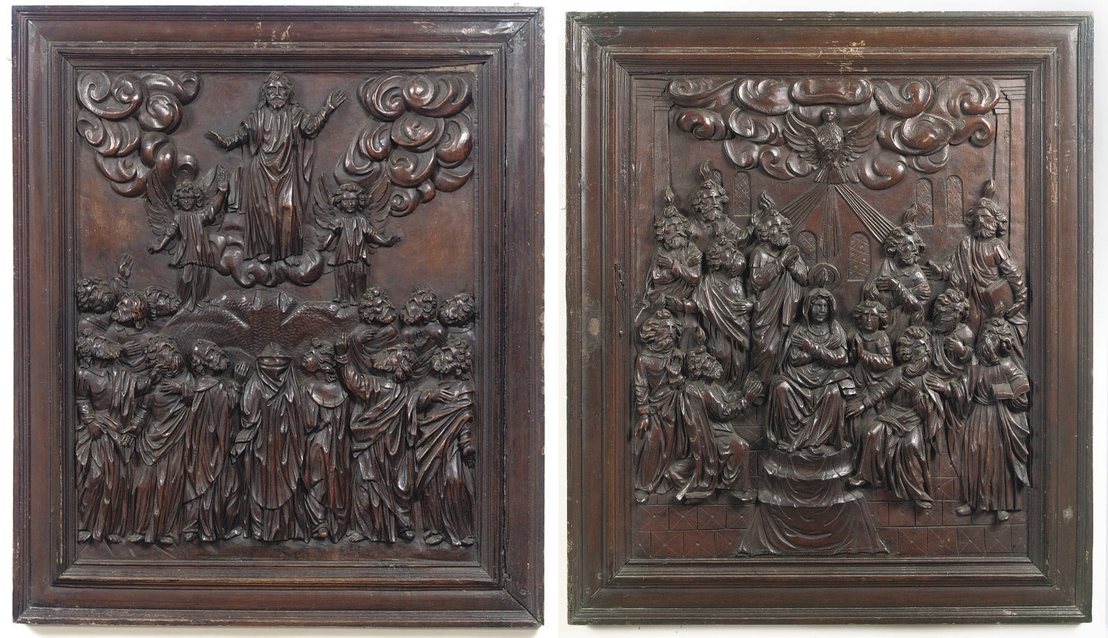 A PAIR OF SOUTH GERMAN CARVED WALNUT RELIEF PANELS