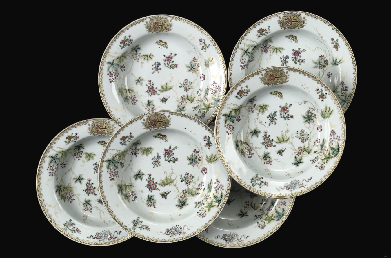 A set of six Chinese famille rose armorial deep plates for the Dutch market
