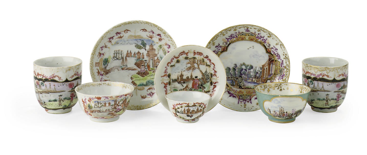 Three Chinese Meissen-style cups and saucers and two coffee-cups