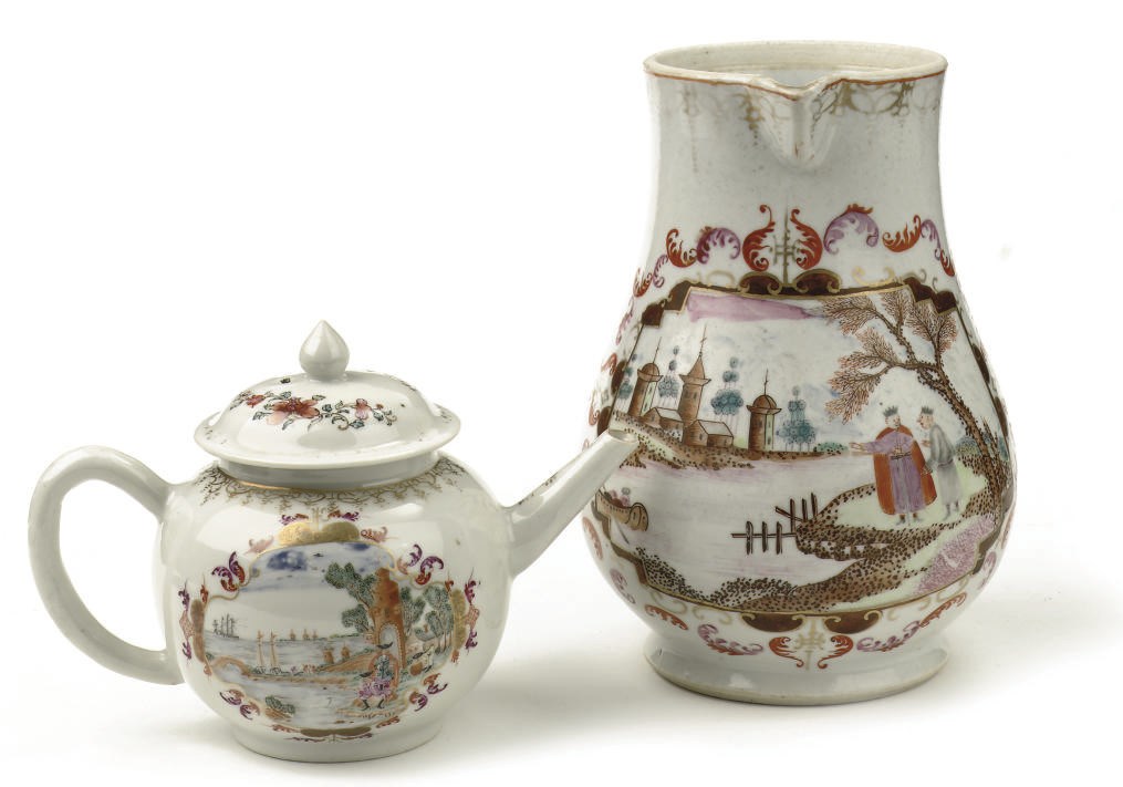 A Chinese famille rose Meissen-style teapot and cover and a ewer