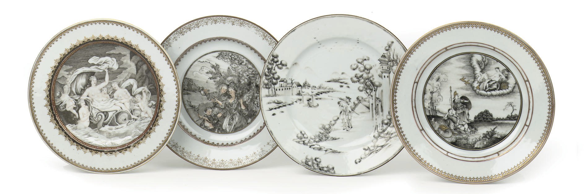 Four Chinese encre-de-chine plates with mythological and other subjects