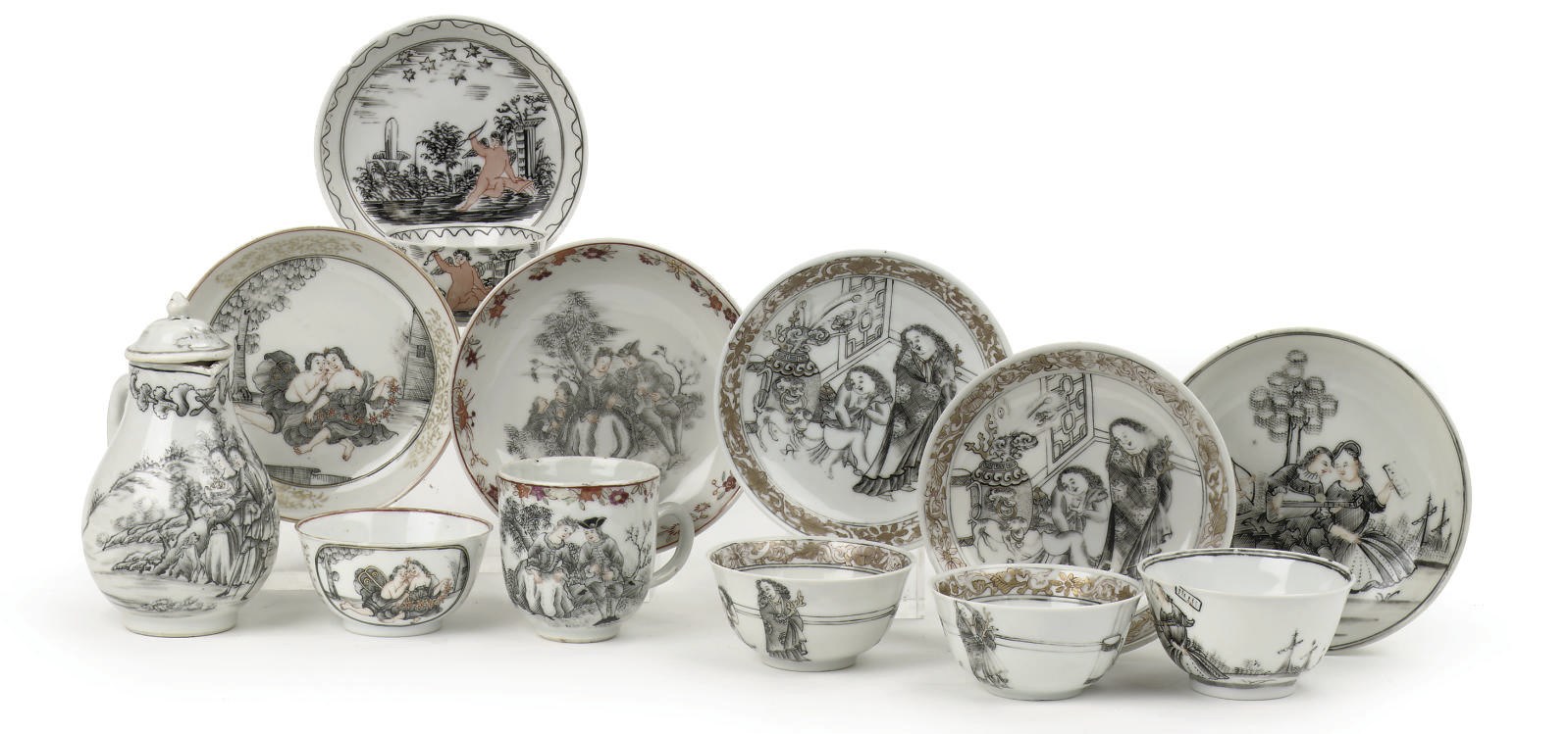 An assorted lot of Chinese encre-de-chine porcelain with amorous subject matters