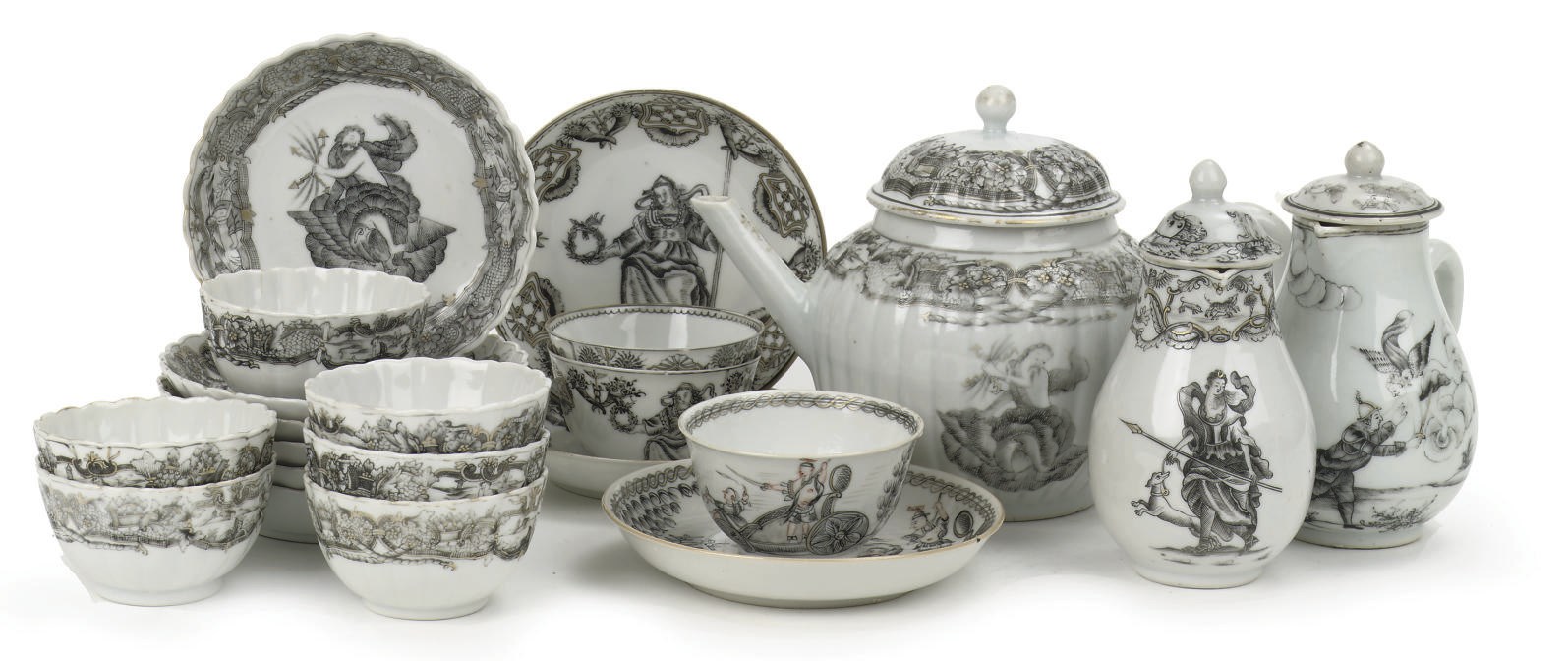 An assorted lot of Chinese encre-de-chine 'mythological subject' porcelain