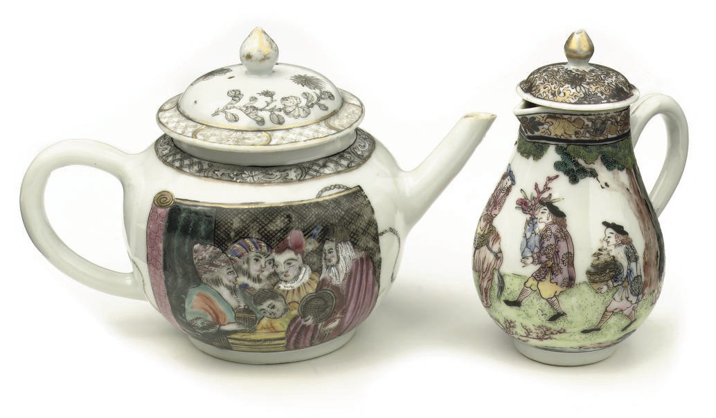 A Chinese famille rose 'European Subject' teapot and a cover and a milk-jug and cover