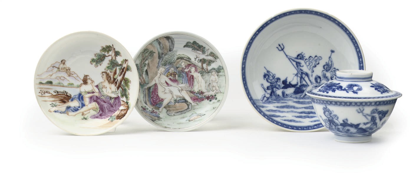 A Chinese blue and white 'Neptune' bowl, cover and stand and two famille rose mythological saucers