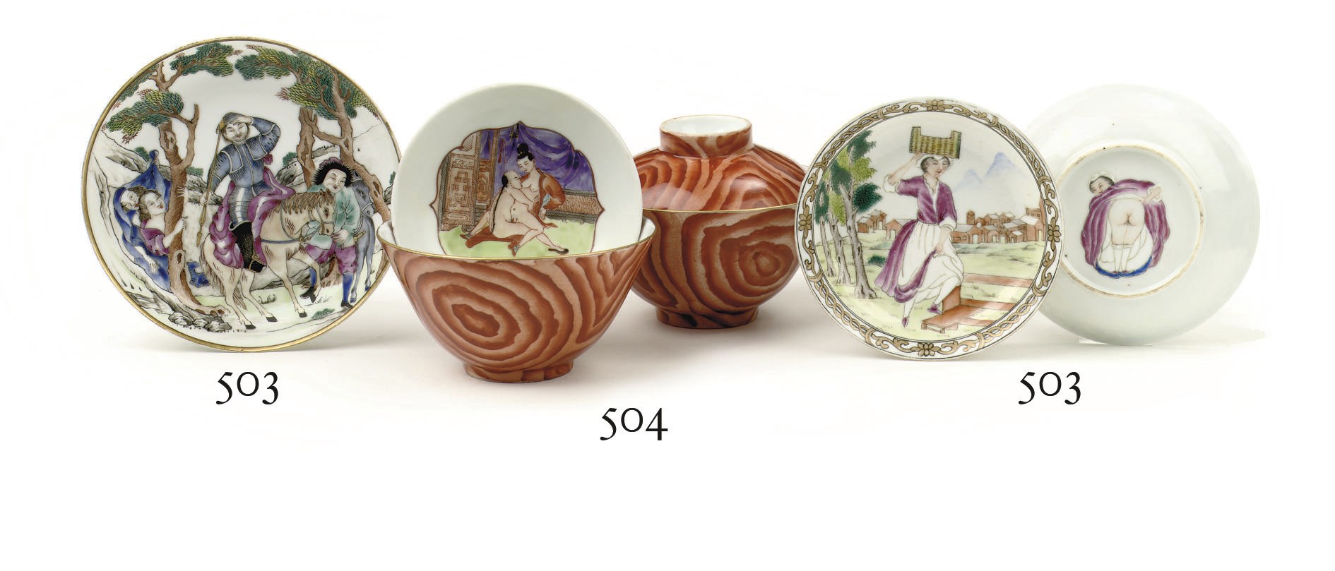 A pair of Chinese famille rose erotic bowls and covers
