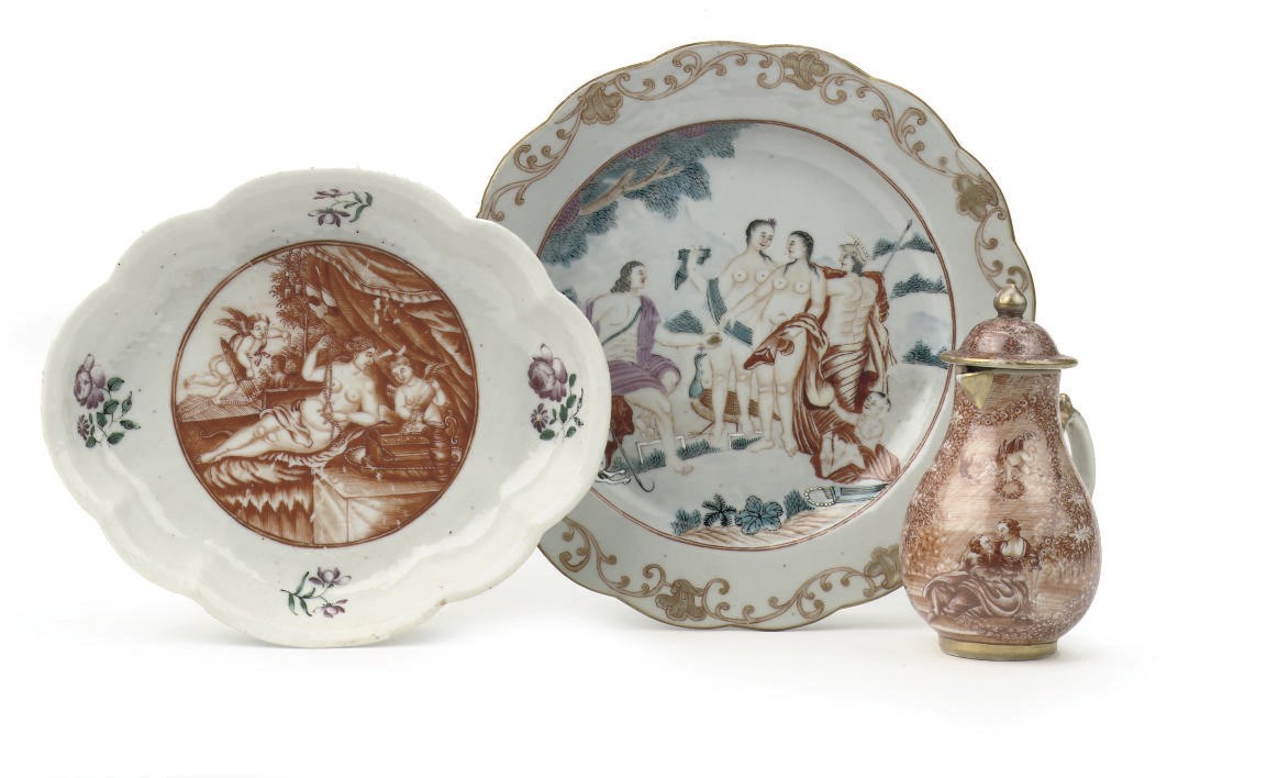 A Chinese famille rose 'judgment of Paris' plate, a mythological lobed saucer and a milk-jug and cover