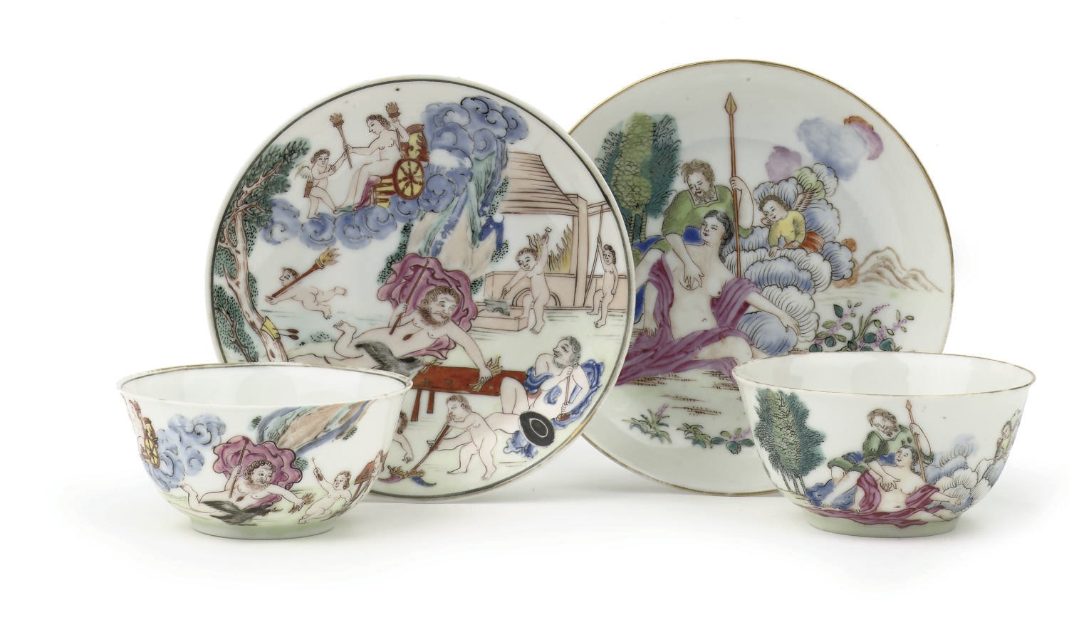 Two Chinese famille rose mythological cups and saucers