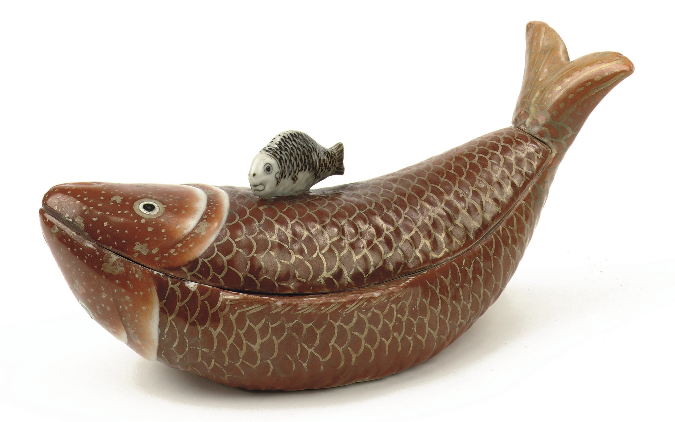 A rare Chinese iron-red and gilt small 'carp' tureen and cover