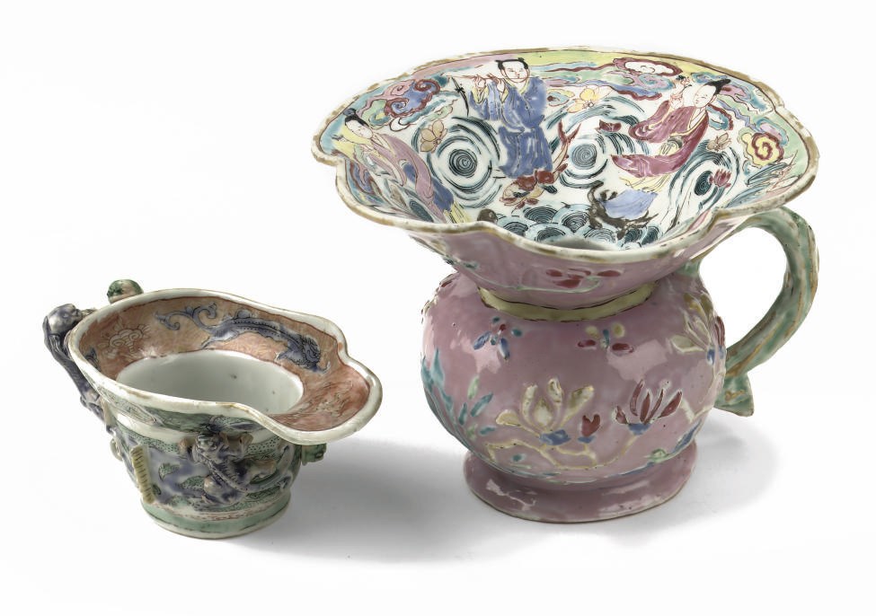 A Chinese famille rose spittoon and a famille verte libation cup